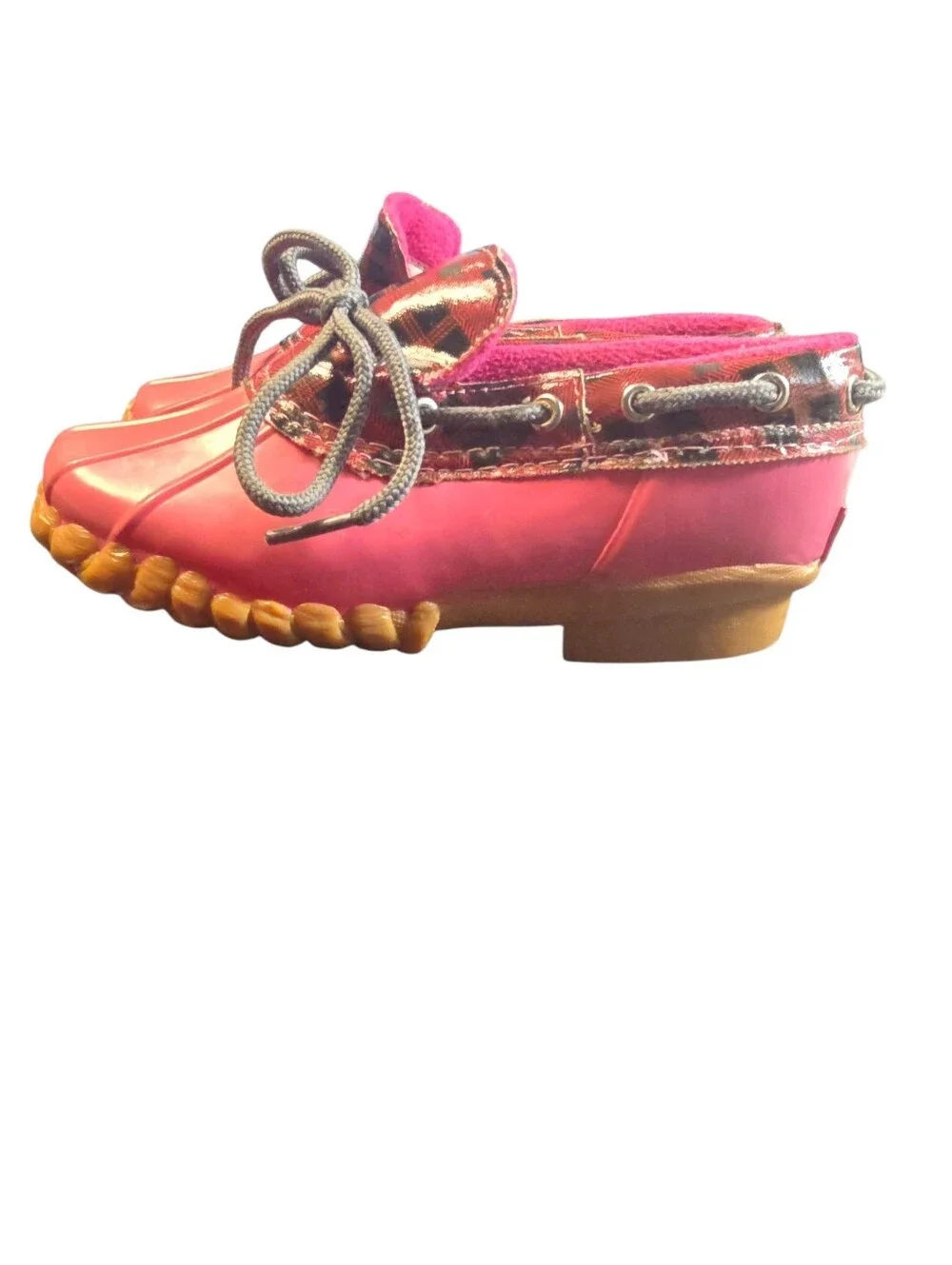 Sperry Girls Saltwater Duckie Boots Red Plaid Pattern Pink Bottom Sz.13